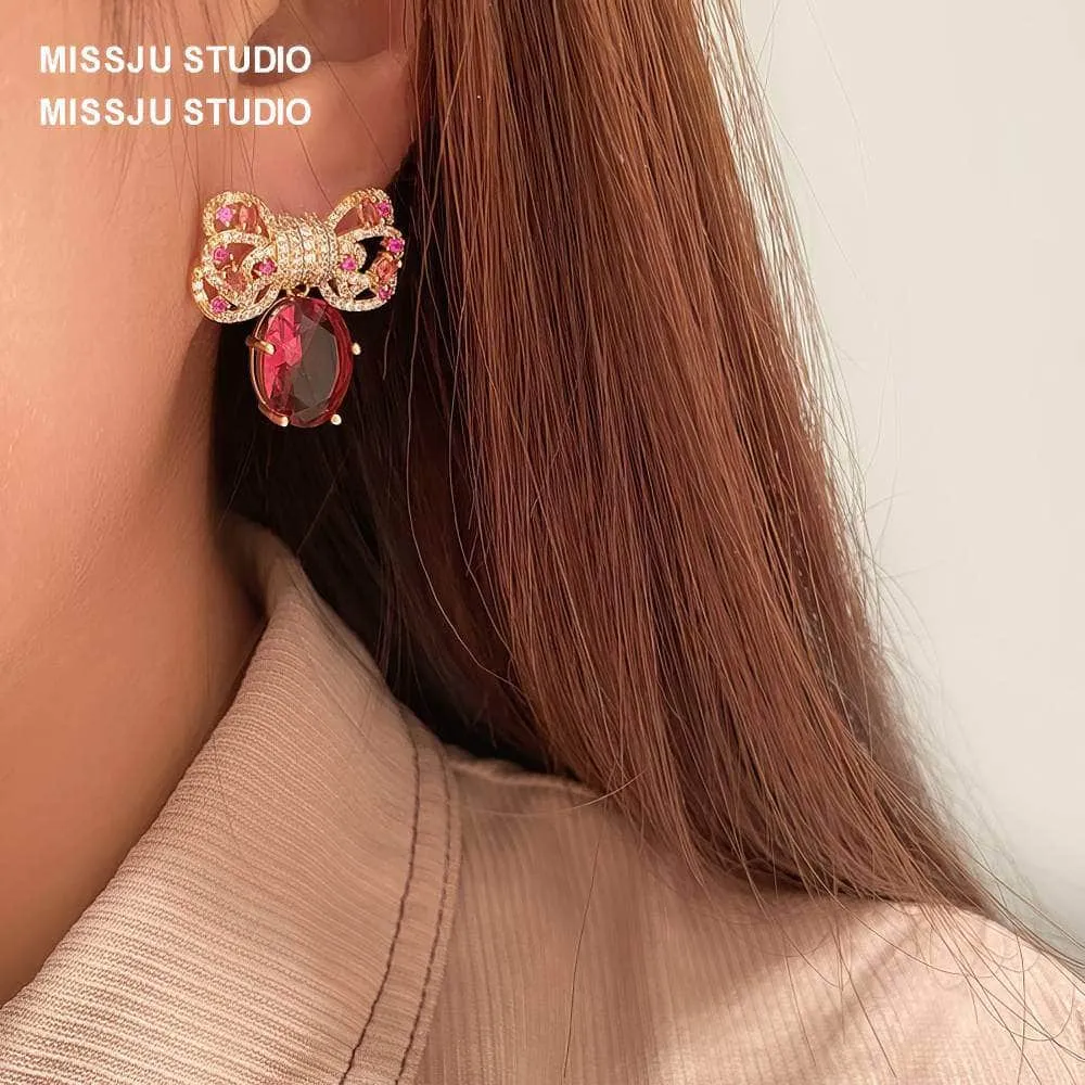 Diamanté Bowknot Sparkle Studded Ruby Gold Earrings
