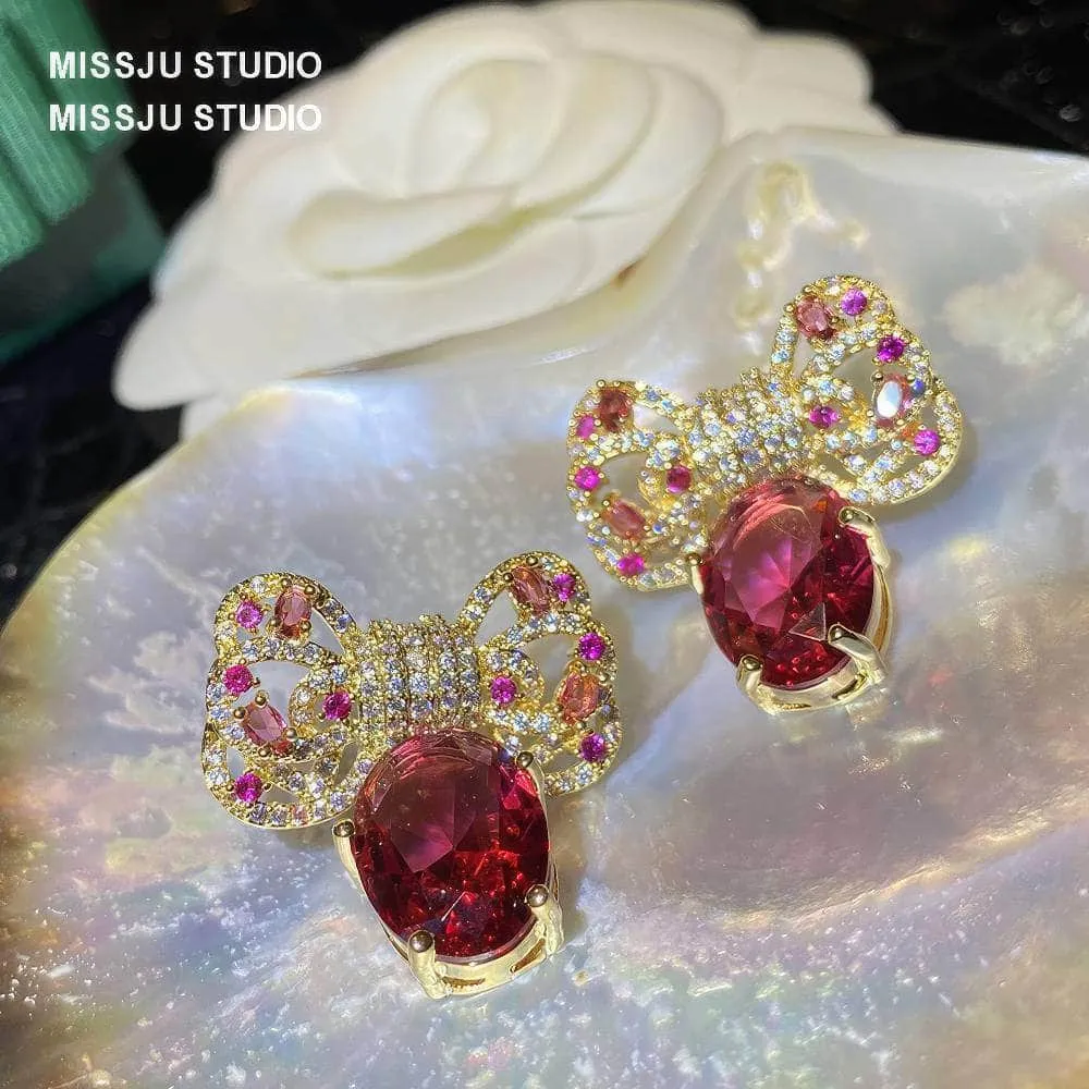 Diamanté Bowknot Sparkle Studded Ruby Gold Earrings