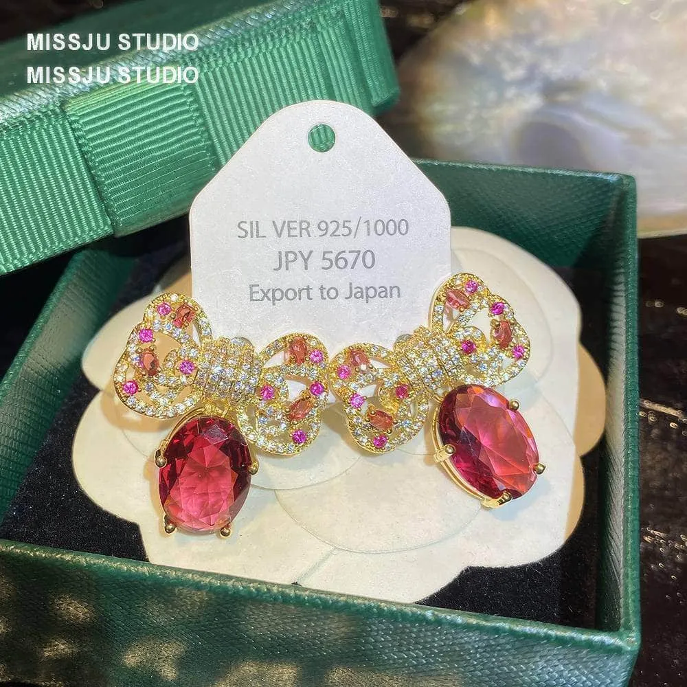 Diamanté Bowknot Sparkle Studded Ruby Gold Earrings