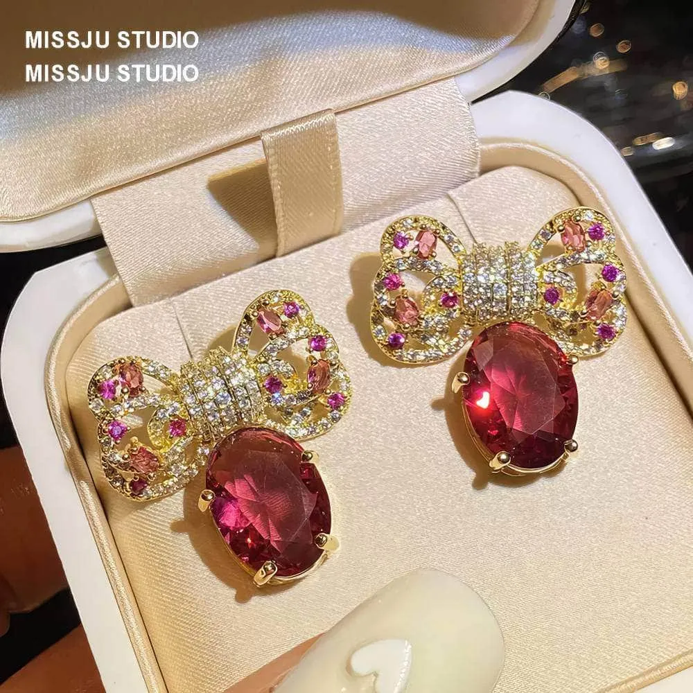 Diamanté Bowknot Sparkle Studded Ruby Gold Earrings