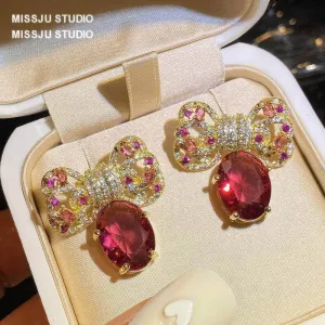 Diamanté Bowknot Sparkle Studded Ruby Gold Earrings