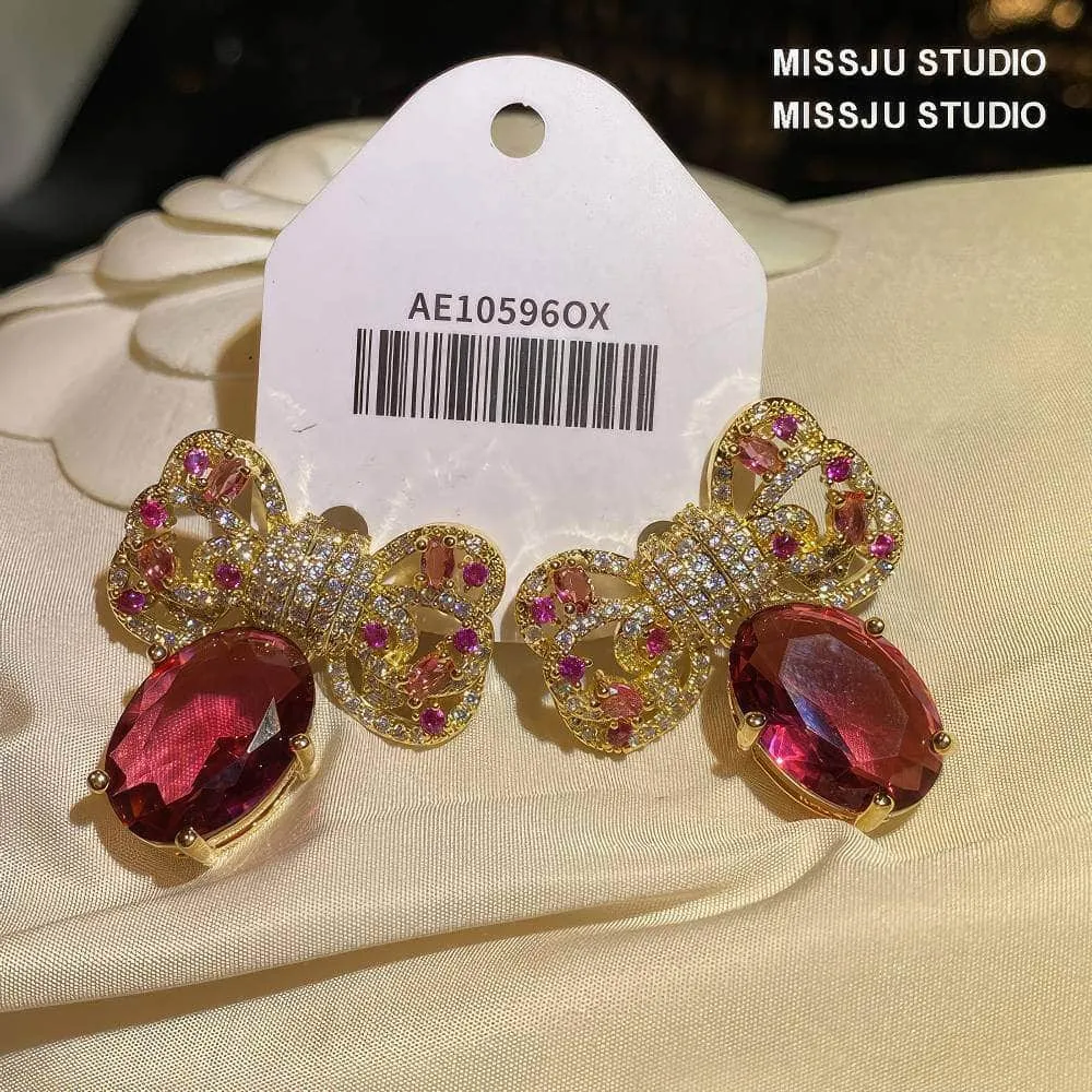 Diamanté Bowknot Sparkle Studded Ruby Gold Earrings