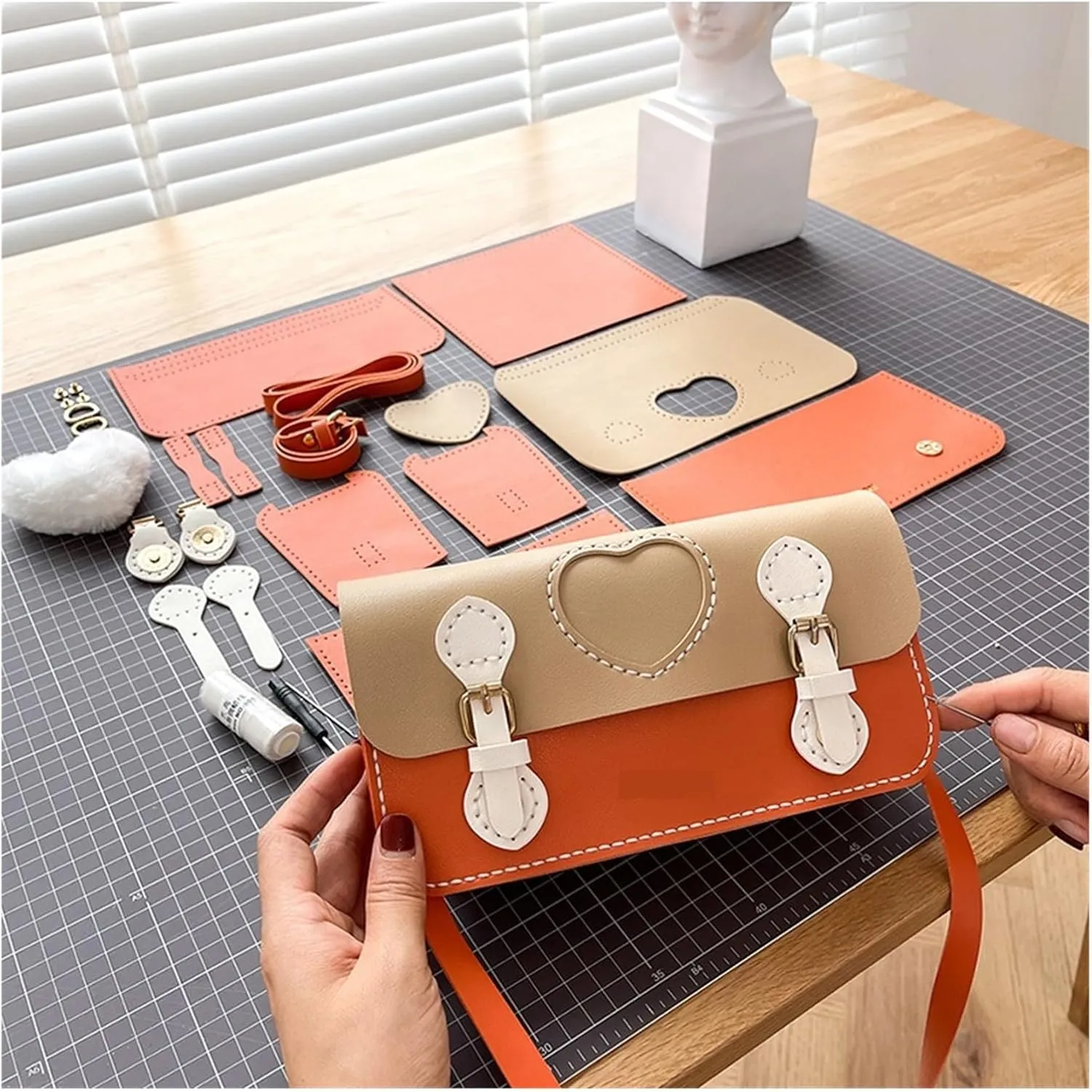 DIY Bag Making Kit DIY Handmade Material Set-Messenger Bag PU Leather Flat Bag Bottom Women Bags Handmade DIY Accessories (Color : White)