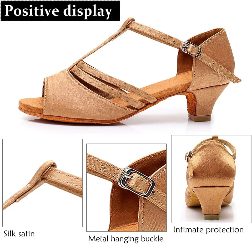 DKZSYIM Girls&Women's Satin Latin Dance Shoes Professional Ballroom Salsa Practice Performance Dancing Shoes, Model XGG-Children