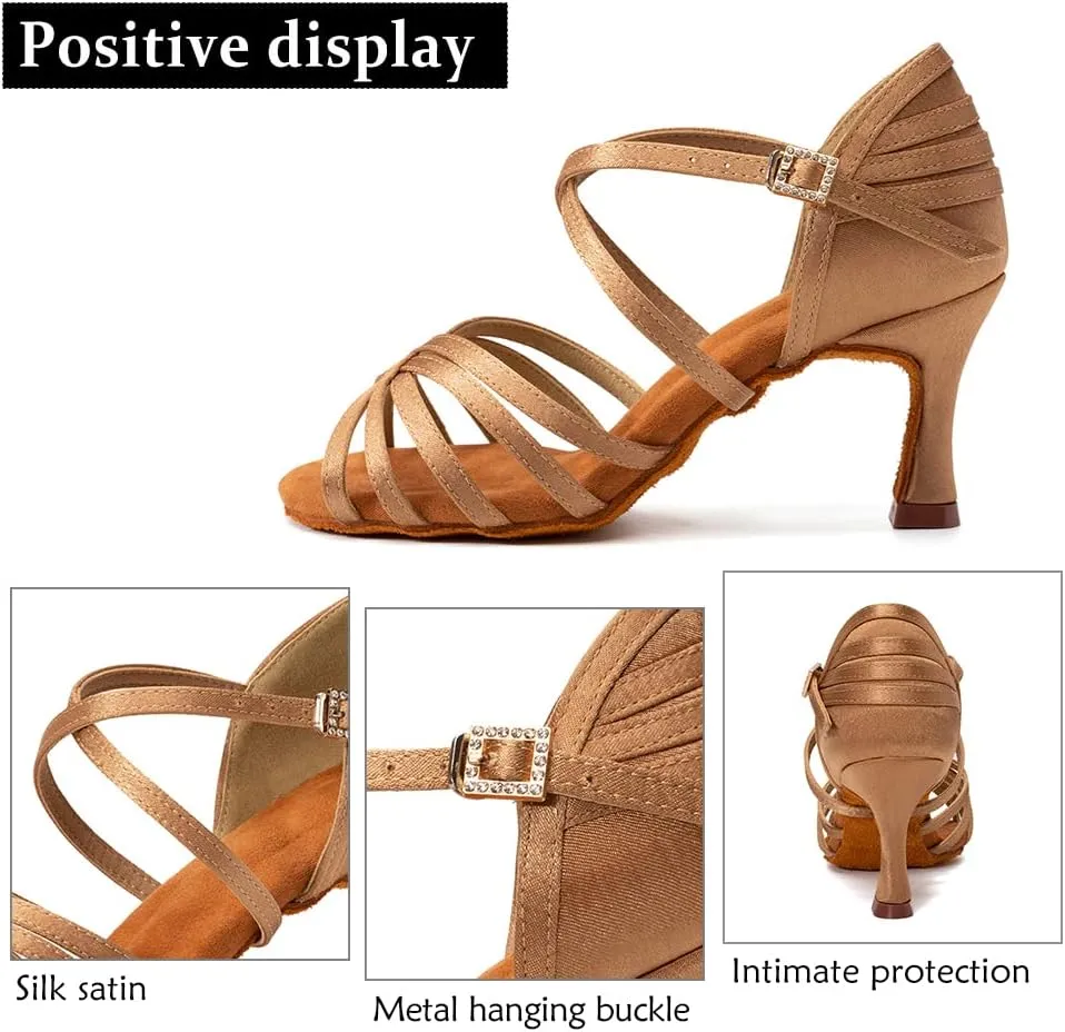 DKZSYIM Women's Satin Latin Dance Shoes Professional Ballroom Salsa Practice Performance Dancing Shoes,Model SS-ZS