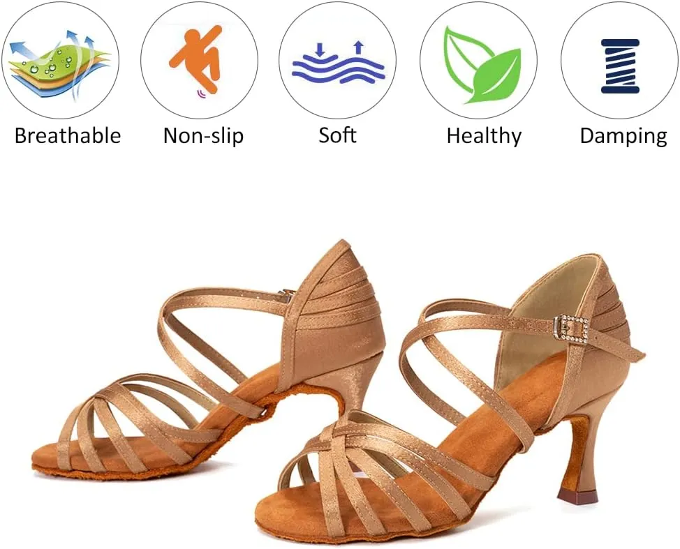 DKZSYIM Women's Satin Latin Dance Shoes Professional Ballroom Salsa Practice Performance Dancing Shoes,Model SS-ZS