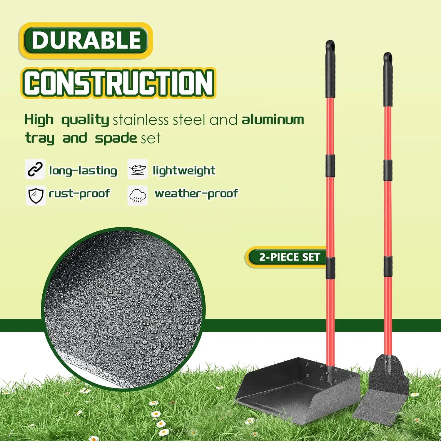 Dog Pooper Scooper Tray and Shovel Kit, Heavy Duty Dog Poop Scooper with Adjustable Metal Long Handle, Portable Large Dog Poop Picker Upper with 10 Waste Bag for Yard, Walks, Grass & Garden Leaves
