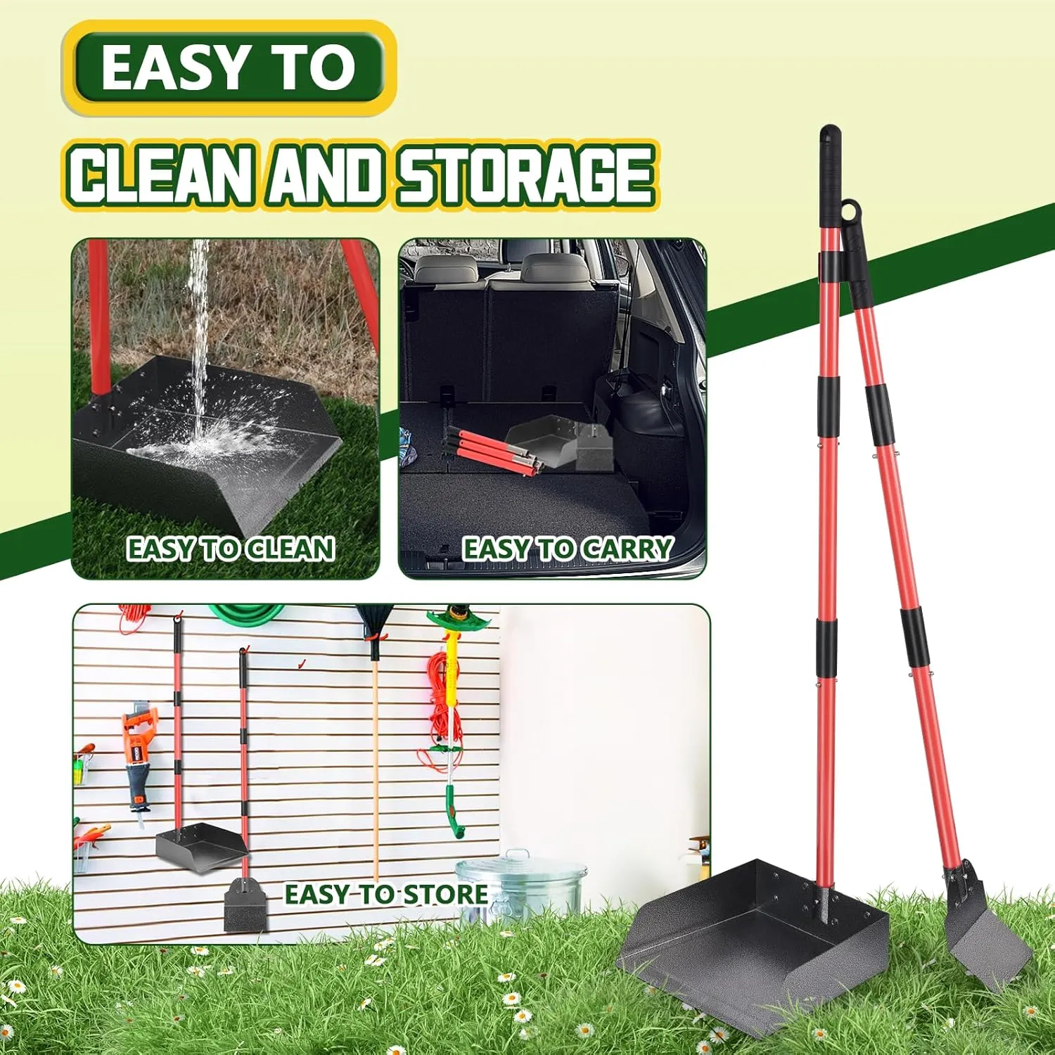 Dog Pooper Scooper Tray and Shovel Kit, Heavy Duty Dog Poop Scooper with Adjustable Metal Long Handle, Portable Large Dog Poop Picker Upper with 10 Waste Bag for Yard, Walks, Grass & Garden Leaves