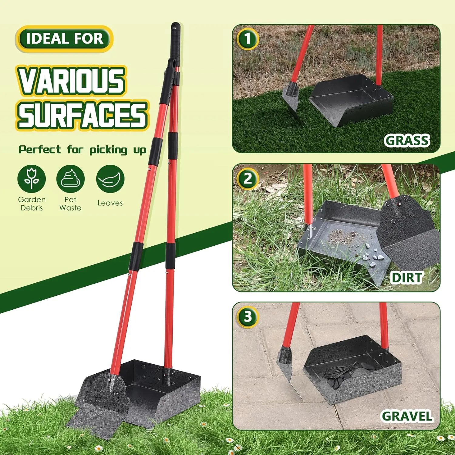 Dog Pooper Scooper Tray and Shovel Kit, Heavy Duty Dog Poop Scooper with Adjustable Metal Long Handle, Portable Large Dog Poop Picker Upper with 10 Waste Bag for Yard, Walks, Grass & Garden Leaves