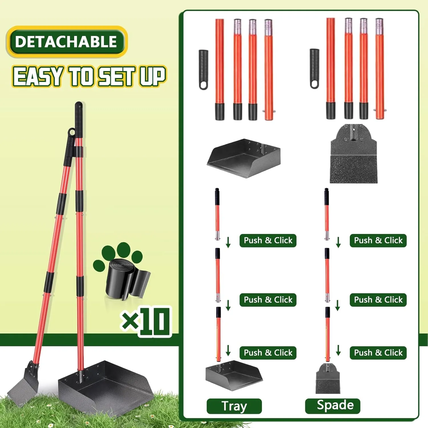 Dog Pooper Scooper Tray and Shovel Kit, Heavy Duty Dog Poop Scooper with Adjustable Metal Long Handle, Portable Large Dog Poop Picker Upper with 10 Waste Bag for Yard, Walks, Grass & Garden Leaves