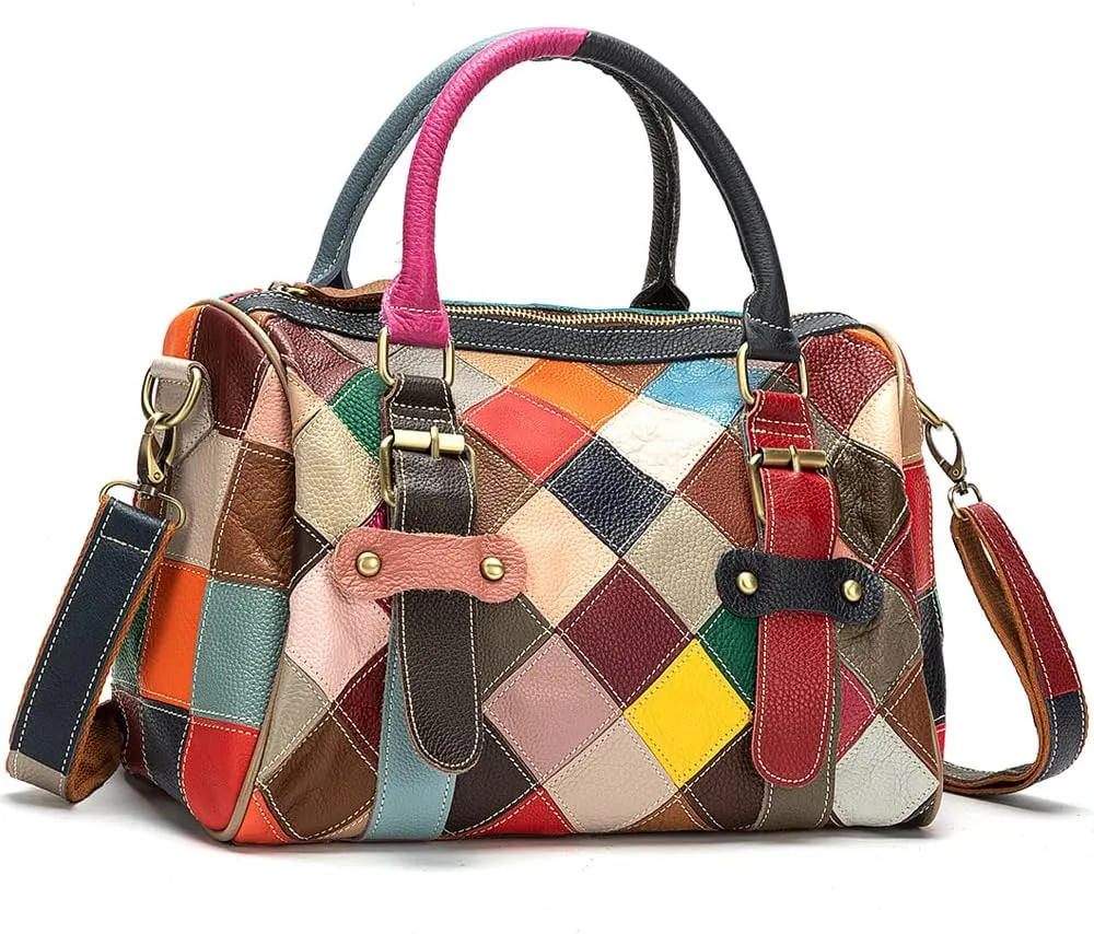 Downupdown Genuine Leather Tote Bag for Women Satchel Handbags Top Handle Handbag Large Purse Multicolor Splice Shoulder Bag