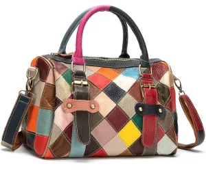 Downupdown Genuine Leather Tote Bag for Women Satchel Handbags Top Handle Handbag Large Purse Multicolor Splice Shoulder Bag
