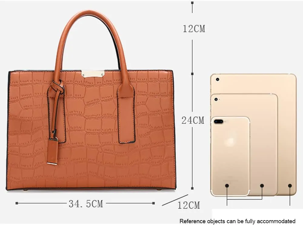 Downupdown Tote Solid Crocodile Print 3-Piece Tote Bag Long Wallet Clutch Top Handle Bag Tote Briefcase