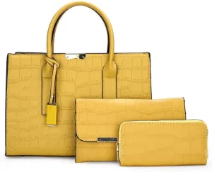Downupdown Tote Solid Crocodile Print 3-Piece Tote Bag Long Wallet Clutch Top Handle Bag Tote Briefcase