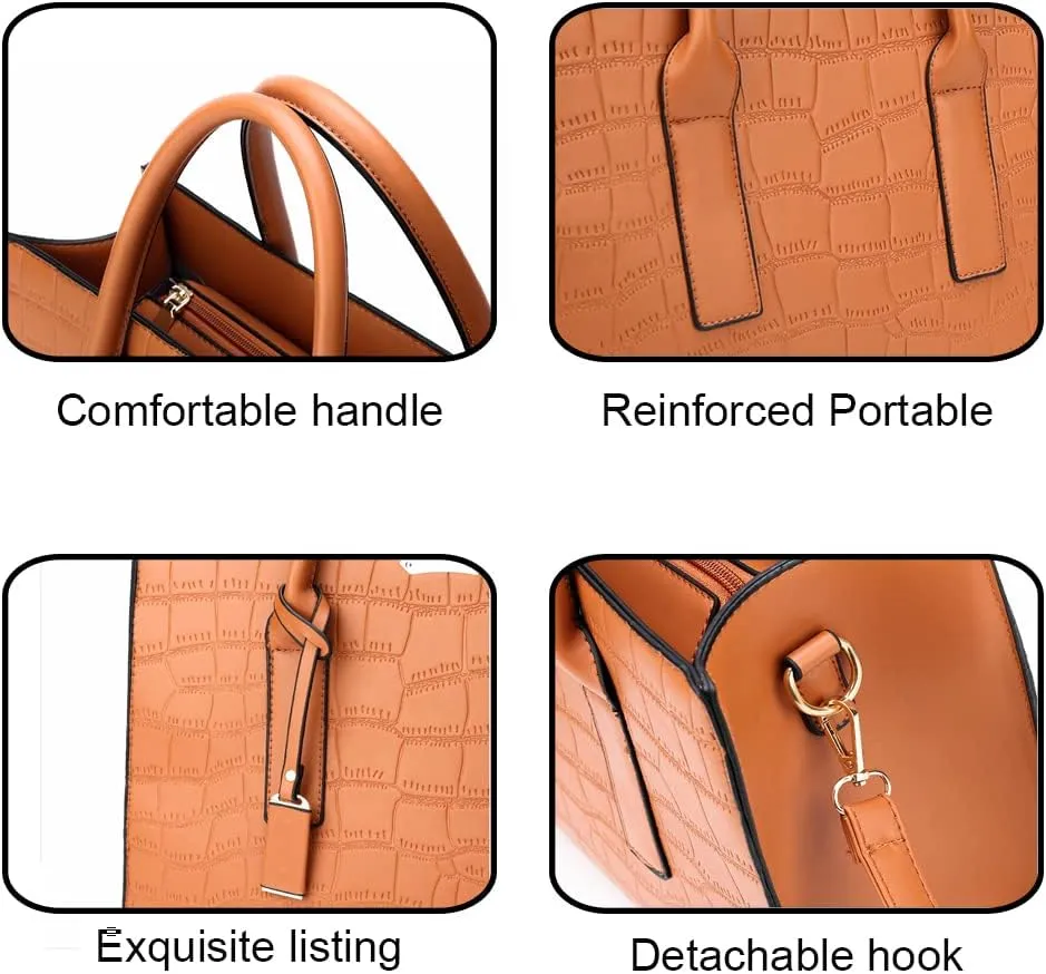 Downupdown Tote Solid Crocodile Print 3-Piece Tote Bag Long Wallet Clutch Top Handle Bag Tote Briefcase