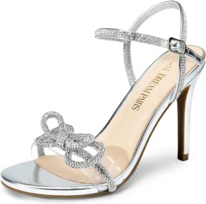DREAM PAIRS Women's Heels Round Toe Rhinestone Double Bowknots Sparkly Stilettos Heeled Sandals Shoes for Party Evening