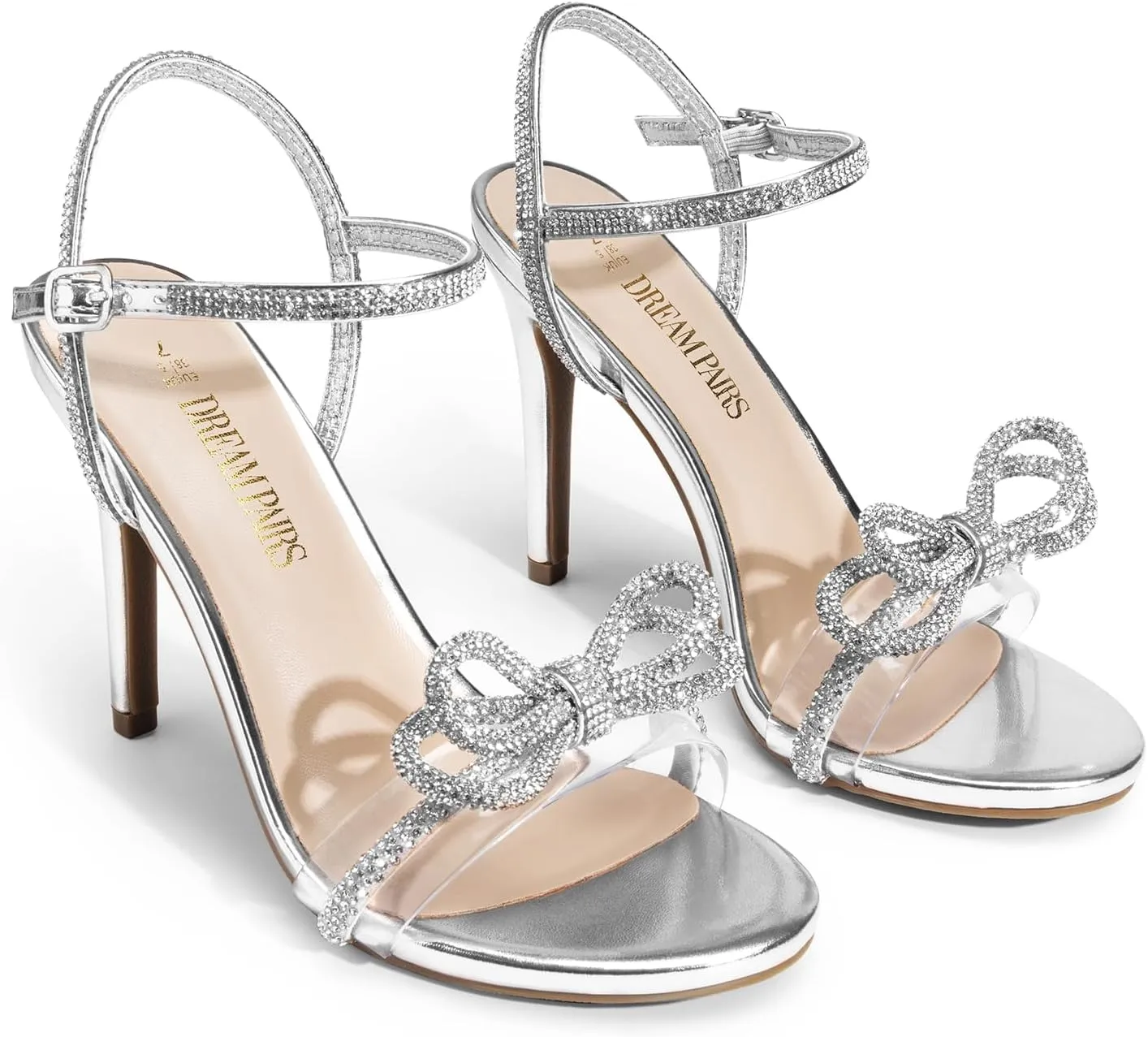DREAM PAIRS Women's Heels Round Toe Rhinestone Double Bowknots Sparkly Stilettos Heeled Sandals Shoes for Party Evening