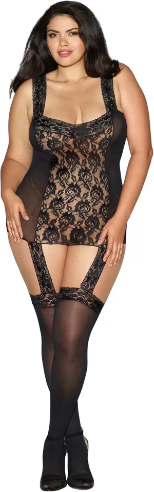 Dreamgirl Women's Plus-Size Tahiti Garter Dress with Attached Thigh-High Stockings