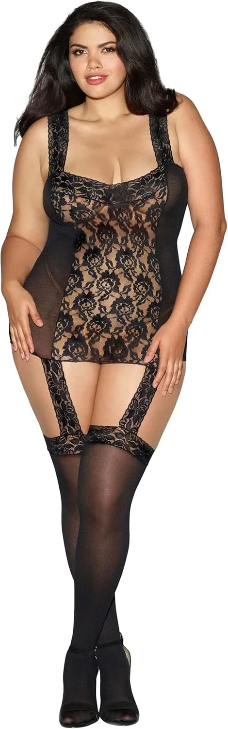 Dreamgirl Women's Plus-Size Tahiti Garter Dress with Attached Thigh-High Stockings