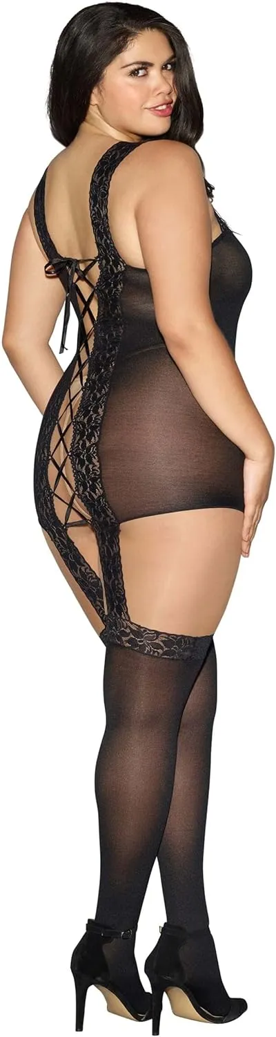 Dreamgirl Women's Plus-Size Tahiti Garter Dress with Attached Thigh-High Stockings