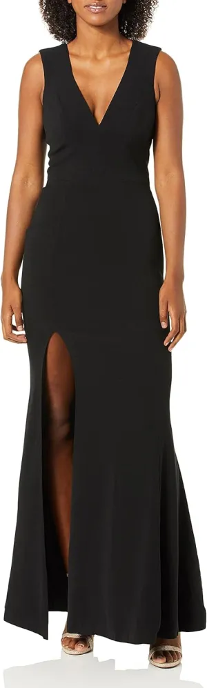 Dress the Population Women's Sandra Plunging Thick Strap Solid Gown with Slit Dress