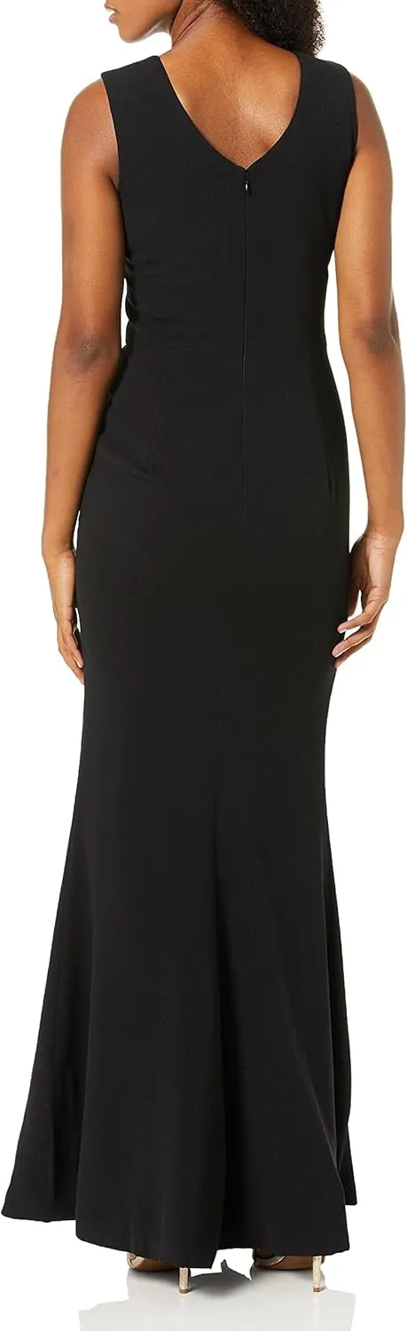 Dress the Population Women's Sandra Plunging Thick Strap Solid Gown with Slit Dress