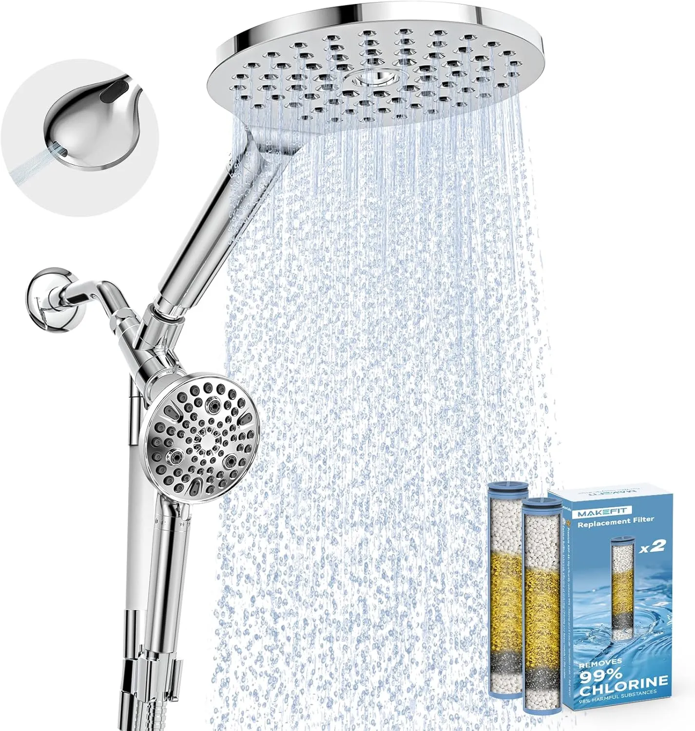 Dual Filtered Rain Shower Head Combo, Handheld Shower Head with Adjustable Bar - Rainfall Shower Head And Showerhead with Filter for Hard Water - Removes Chlorine