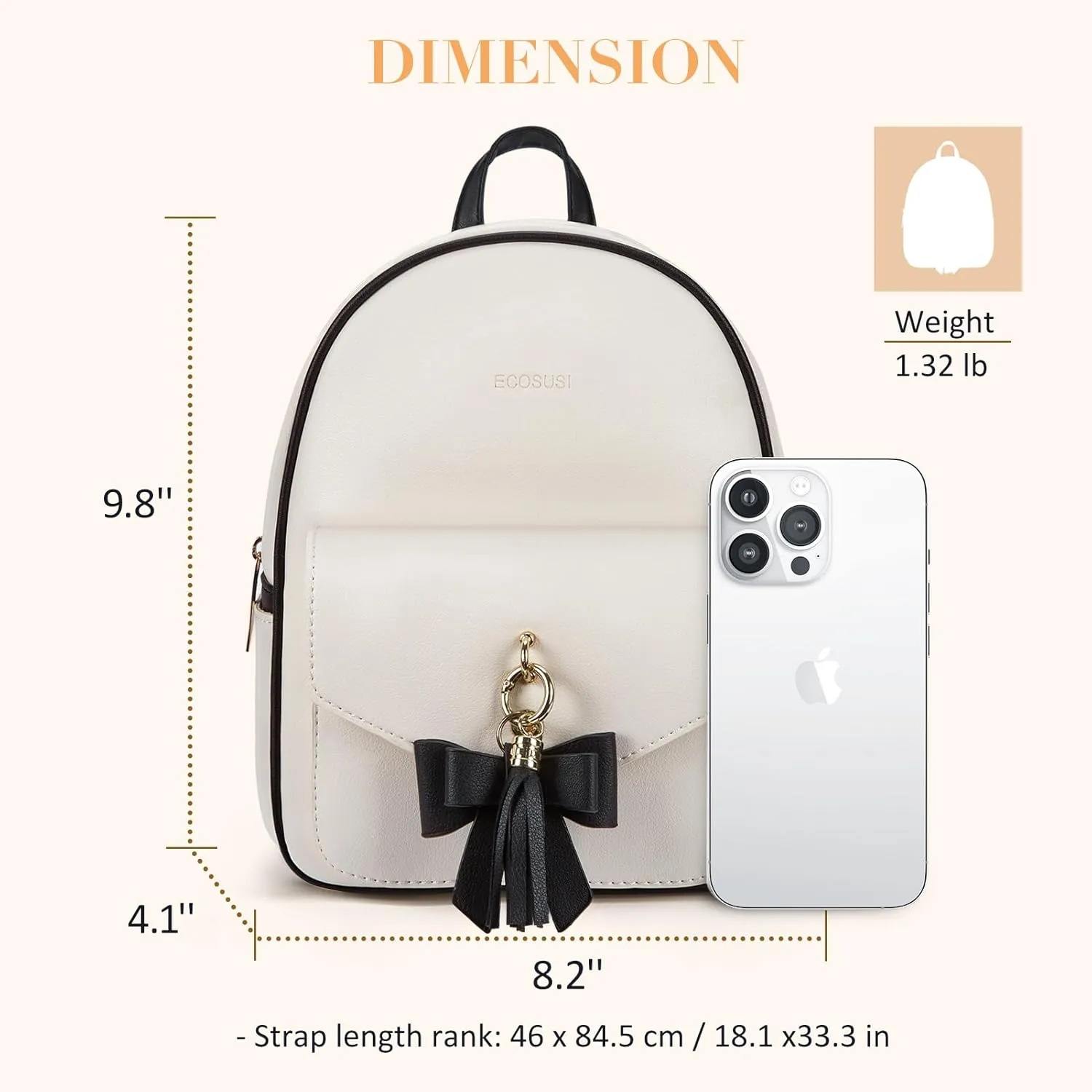 ECOSUSI Mini Backpack for Women Girls Cute Bowknot Small Backpack Purse Ladies Leather Bookbag Satchel Bag, with Charm Tassel