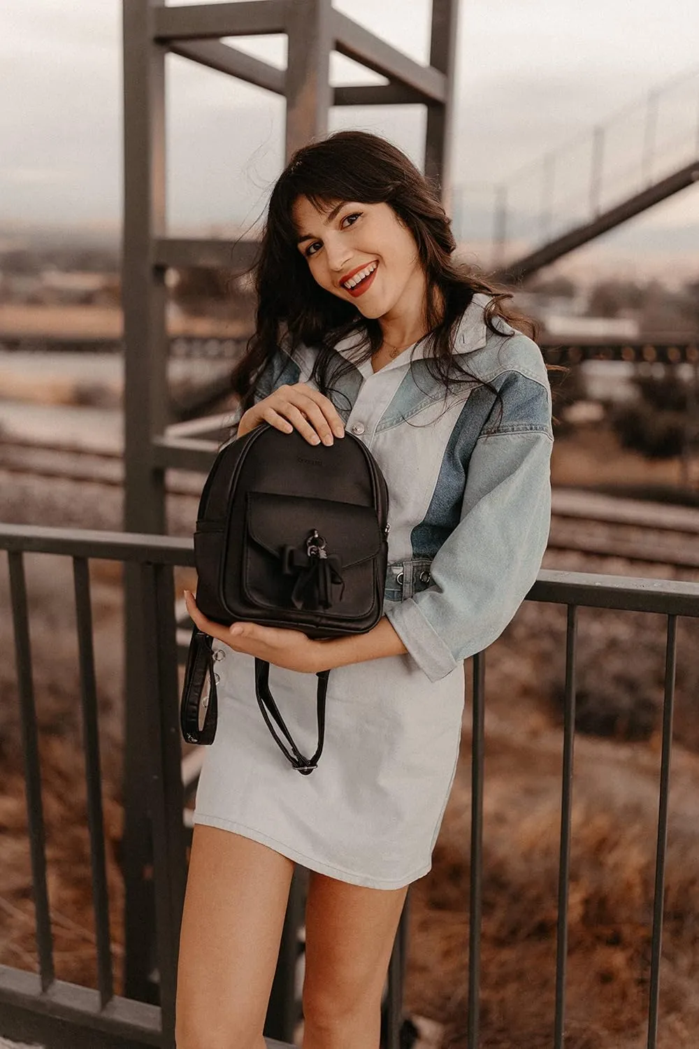 ECOSUSI Mini Backpack for Women Girls Cute Bowknot Small Backpack Purse Ladies Leather Bookbag Satchel Bag, with Charm Tassel