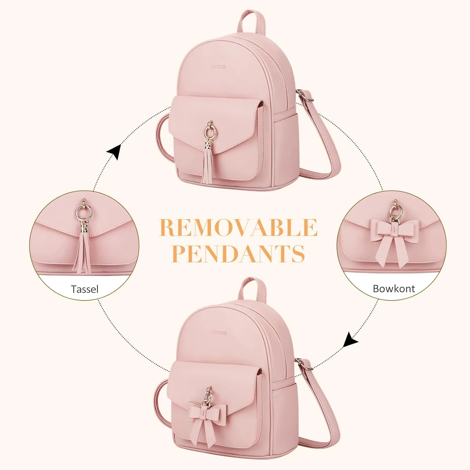 ECOSUSI Mini Backpack for Women Girls Cute Bowknot Small Backpack Purse Ladies Leather Bookbag Satchel Bag, with Charm Tassel