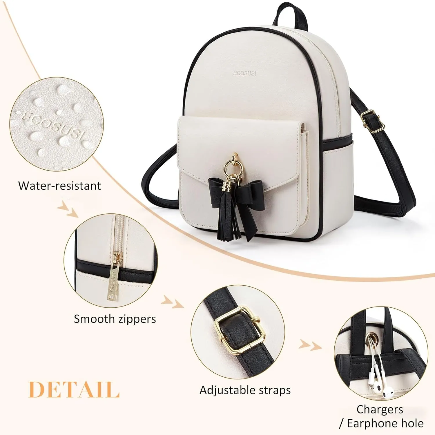 ECOSUSI Mini Backpack for Women Girls Cute Bowknot Small Backpack Purse Ladies Leather Bookbag Satchel Bag, with Charm Tassel