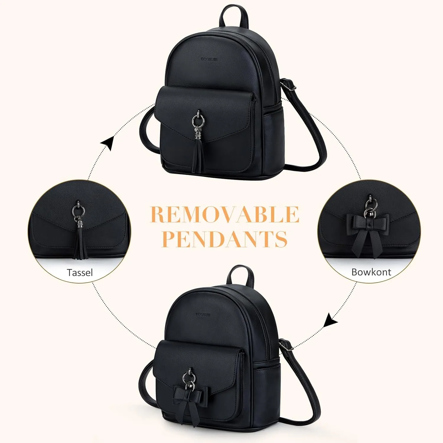 ECOSUSI Mini Backpack for Women Girls Cute Bowknot Small Backpack Purse Ladies Leather Bookbag Satchel Bag, with Charm Tassel