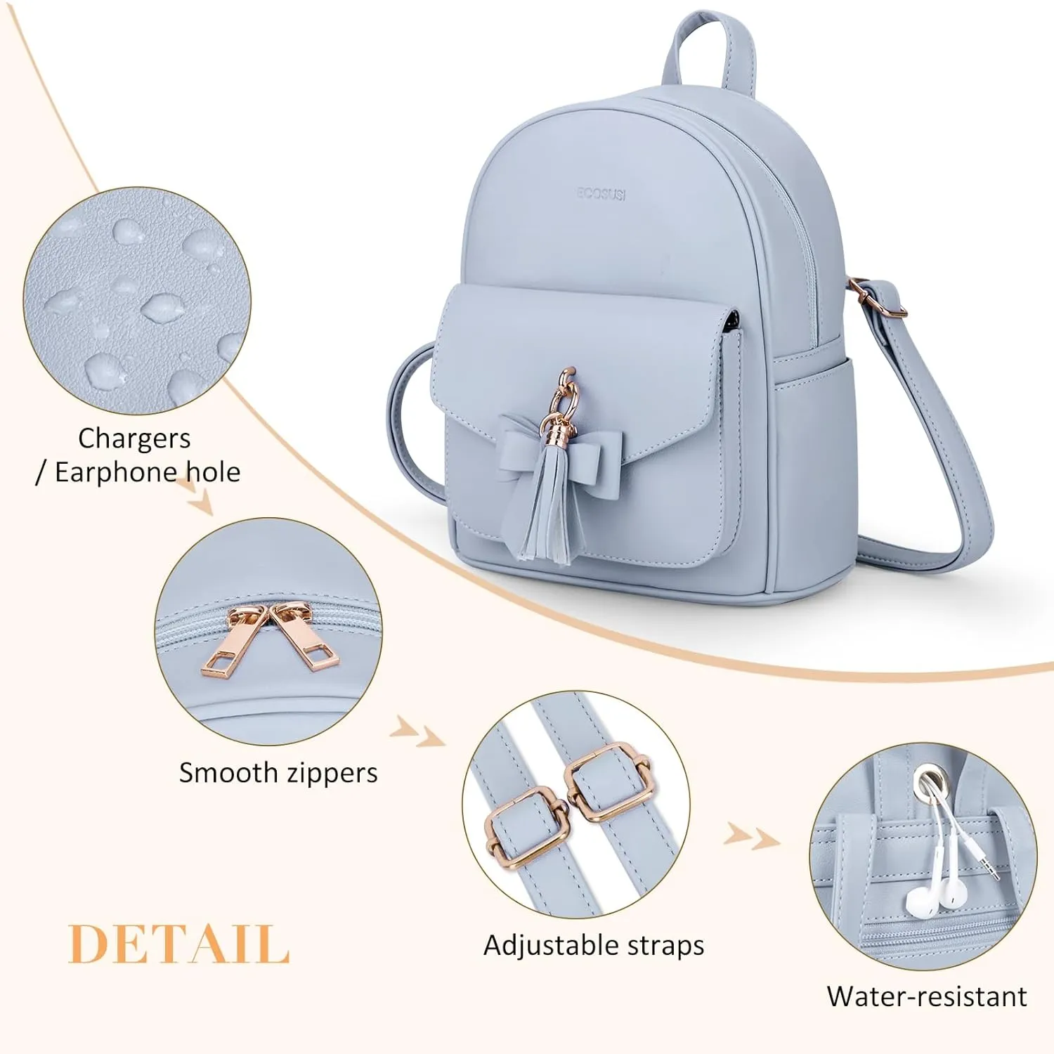 ECOSUSI Mini Backpack for Women Girls Cute Bowknot Small Backpack Purse Ladies Leather Bookbag Satchel Bag, with Charm Tassel