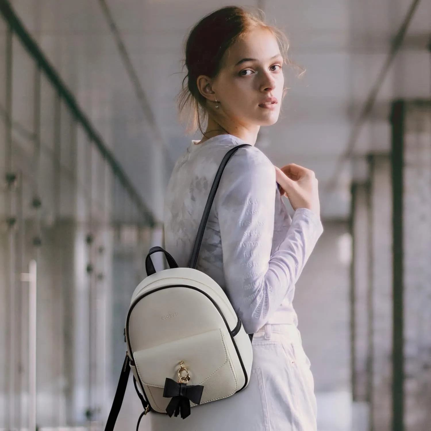 ECOSUSI Mini Backpack for Women Girls Cute Bowknot Small Backpack Purse Ladies Leather Bookbag Satchel Bag, with Charm Tassel