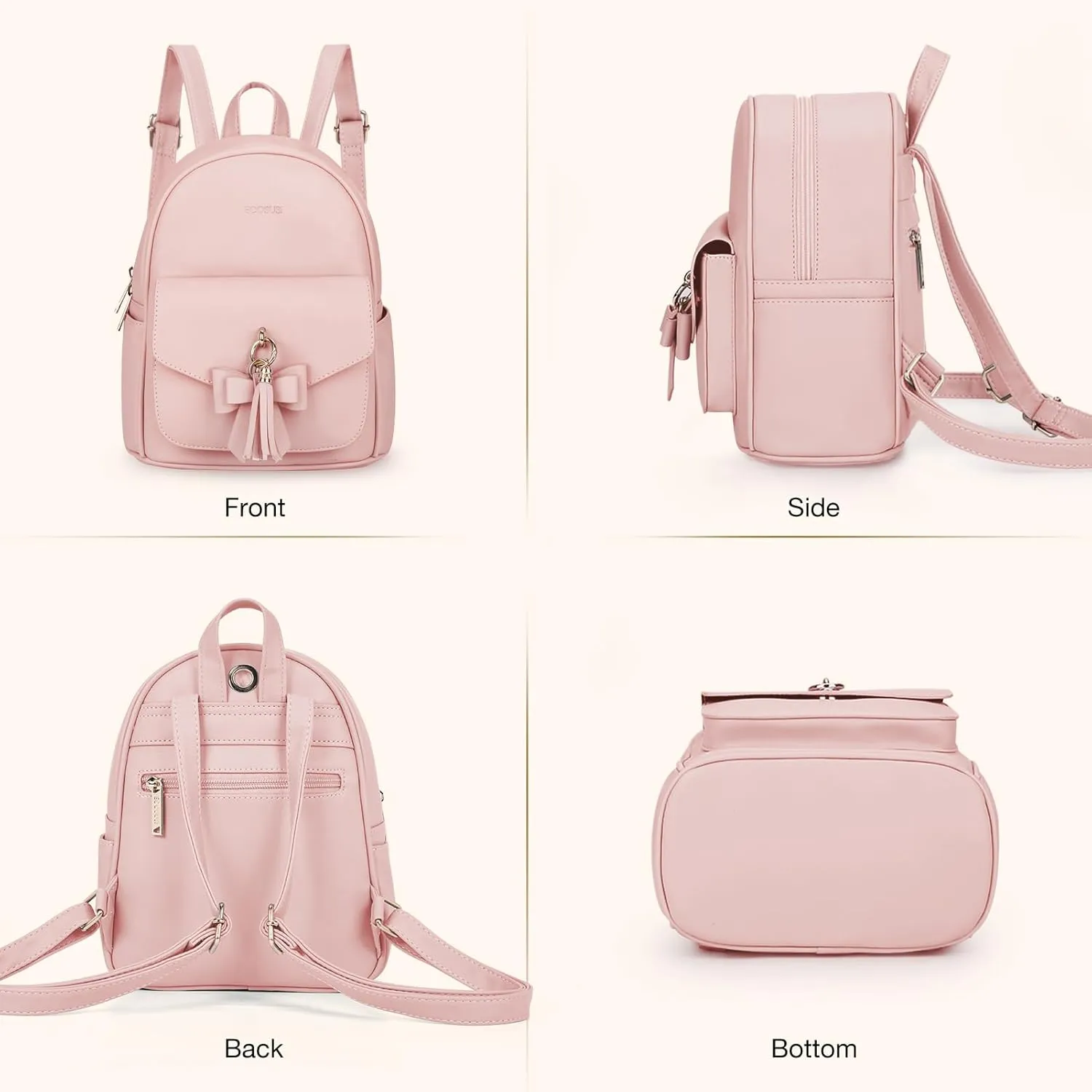 ECOSUSI Mini Backpack for Women Girls Cute Bowknot Small Backpack Purse Ladies Leather Bookbag Satchel Bag, with Charm Tassel