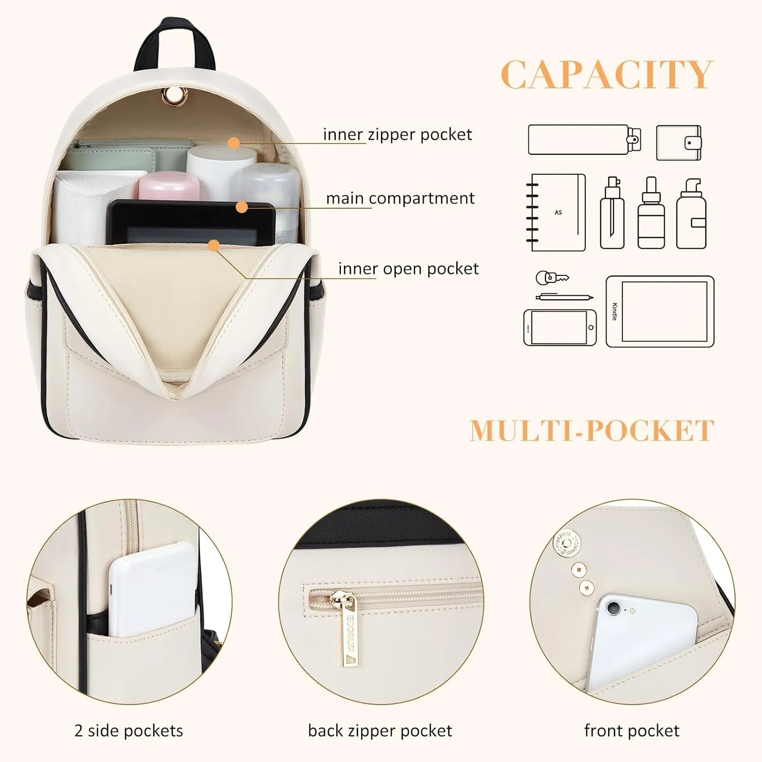 ECOSUSI Mini Backpack for Women Girls Cute Bowknot Small Backpack Purse Ladies Leather Bookbag Satchel Bag, with Charm Tassel