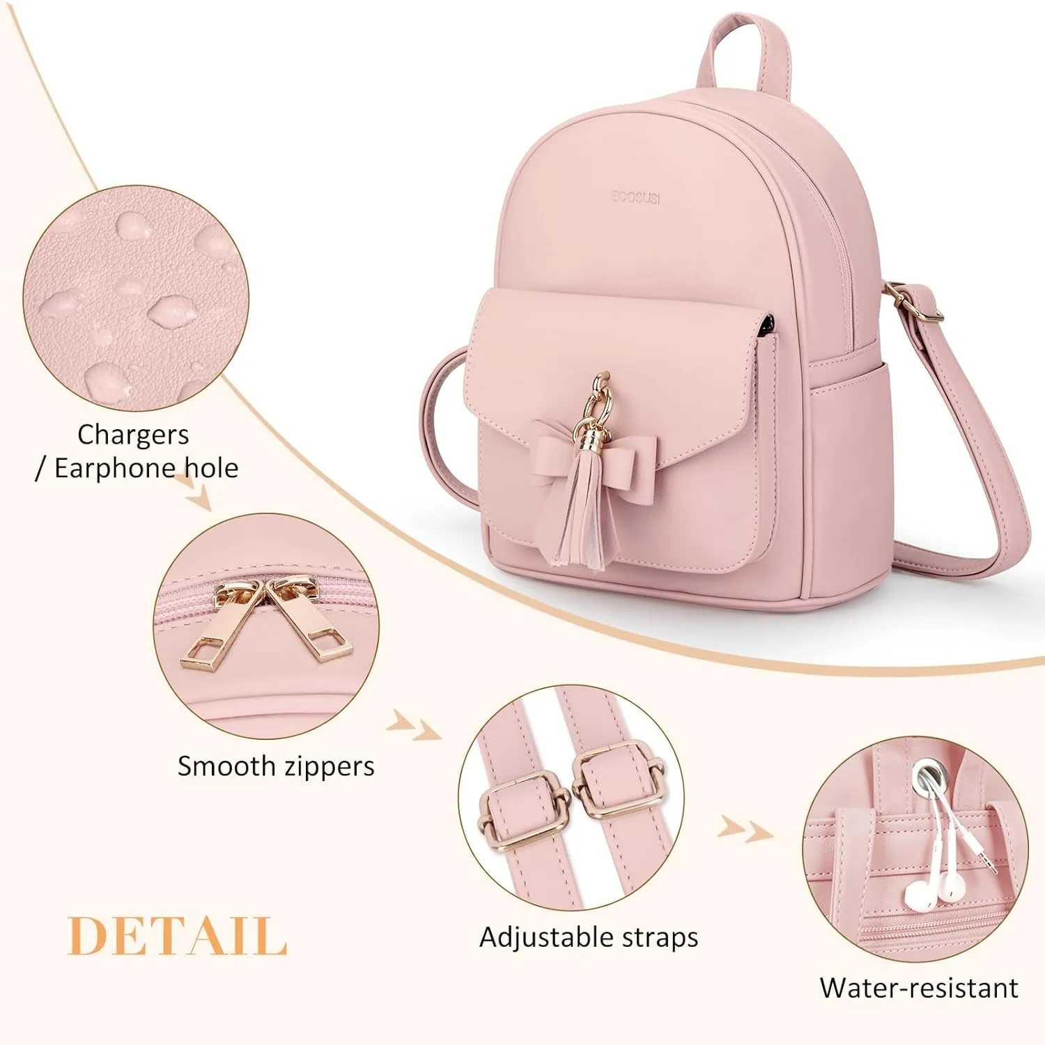 ECOSUSI Mini Backpack for Women Girls Cute Bowknot Small Backpack Purse Ladies Leather Bookbag Satchel Bag, with Charm Tassel