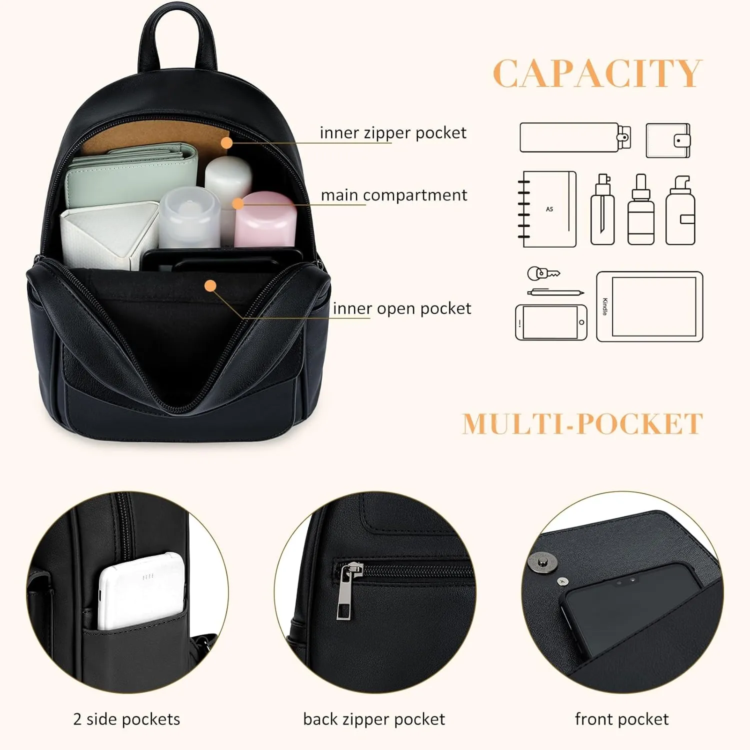 ECOSUSI Mini Backpack for Women Girls Cute Bowknot Small Backpack Purse Ladies Leather Bookbag Satchel Bag, with Charm Tassel