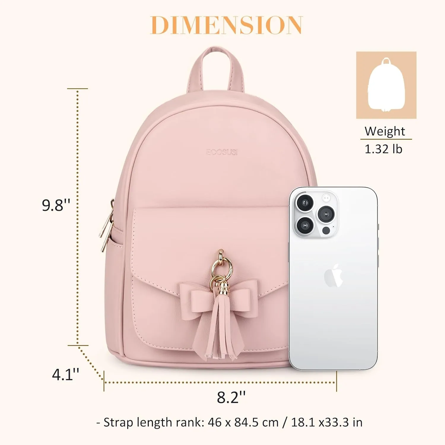 ECOSUSI Mini Backpack for Women Girls Cute Bowknot Small Backpack Purse Ladies Leather Bookbag Satchel Bag, with Charm Tassel