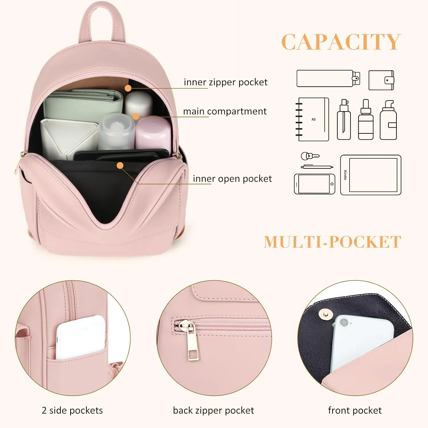 ECOSUSI Mini Backpack for Women Girls Cute Bowknot Small Backpack Purse Ladies Leather Bookbag Satchel Bag, with Charm Tassel