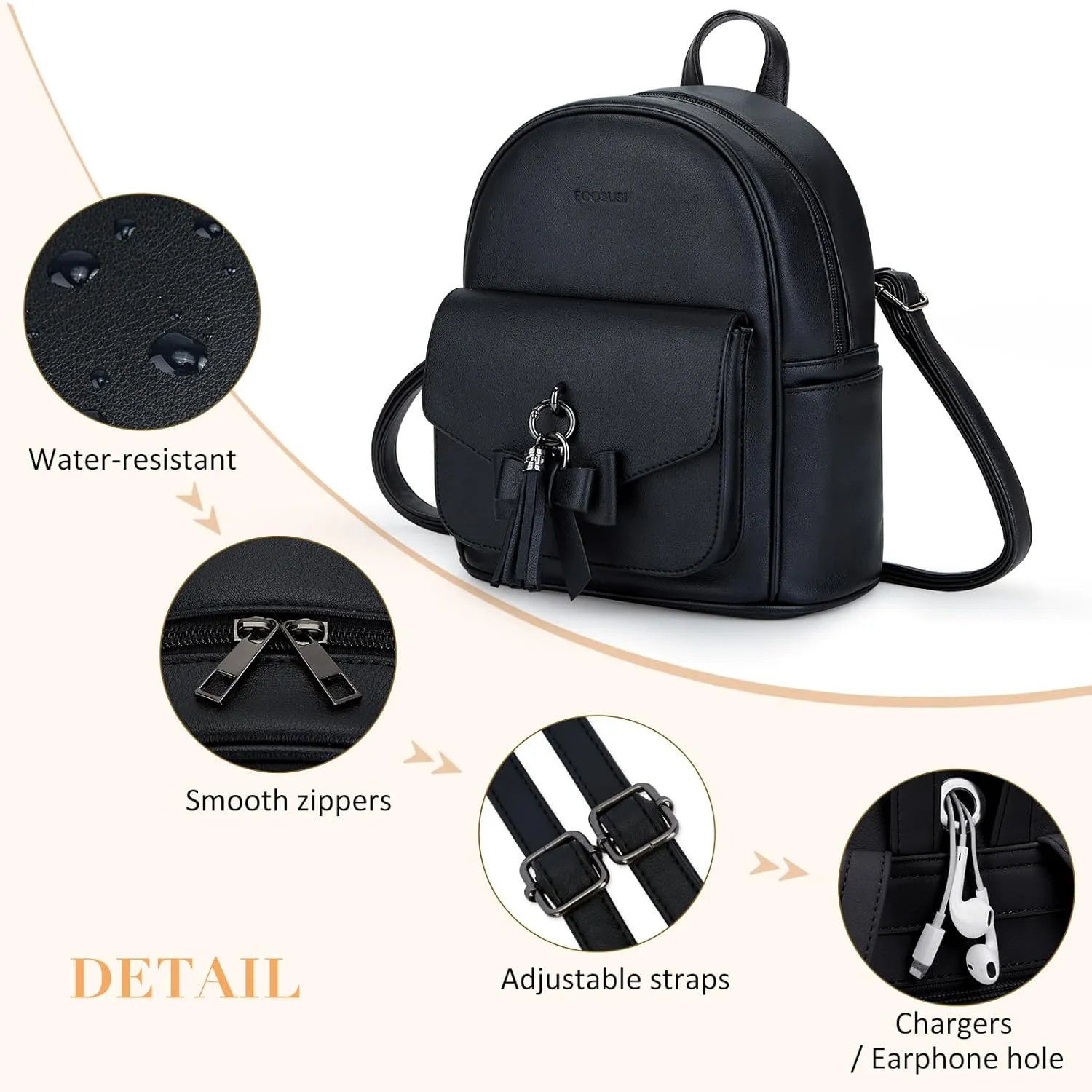 ECOSUSI Mini Backpack for Women Girls Cute Bowknot Small Backpack Purse Ladies Leather Bookbag Satchel Bag, with Charm Tassel