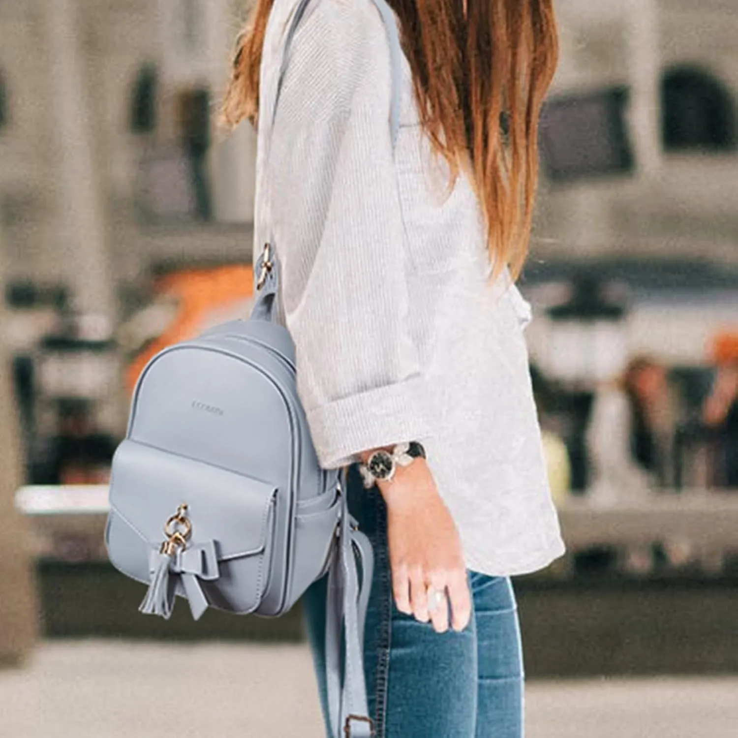 ECOSUSI Mini Backpack for Women Girls Cute Bowknot Small Backpack Purse Ladies Leather Bookbag Satchel Bag, with Charm Tassel