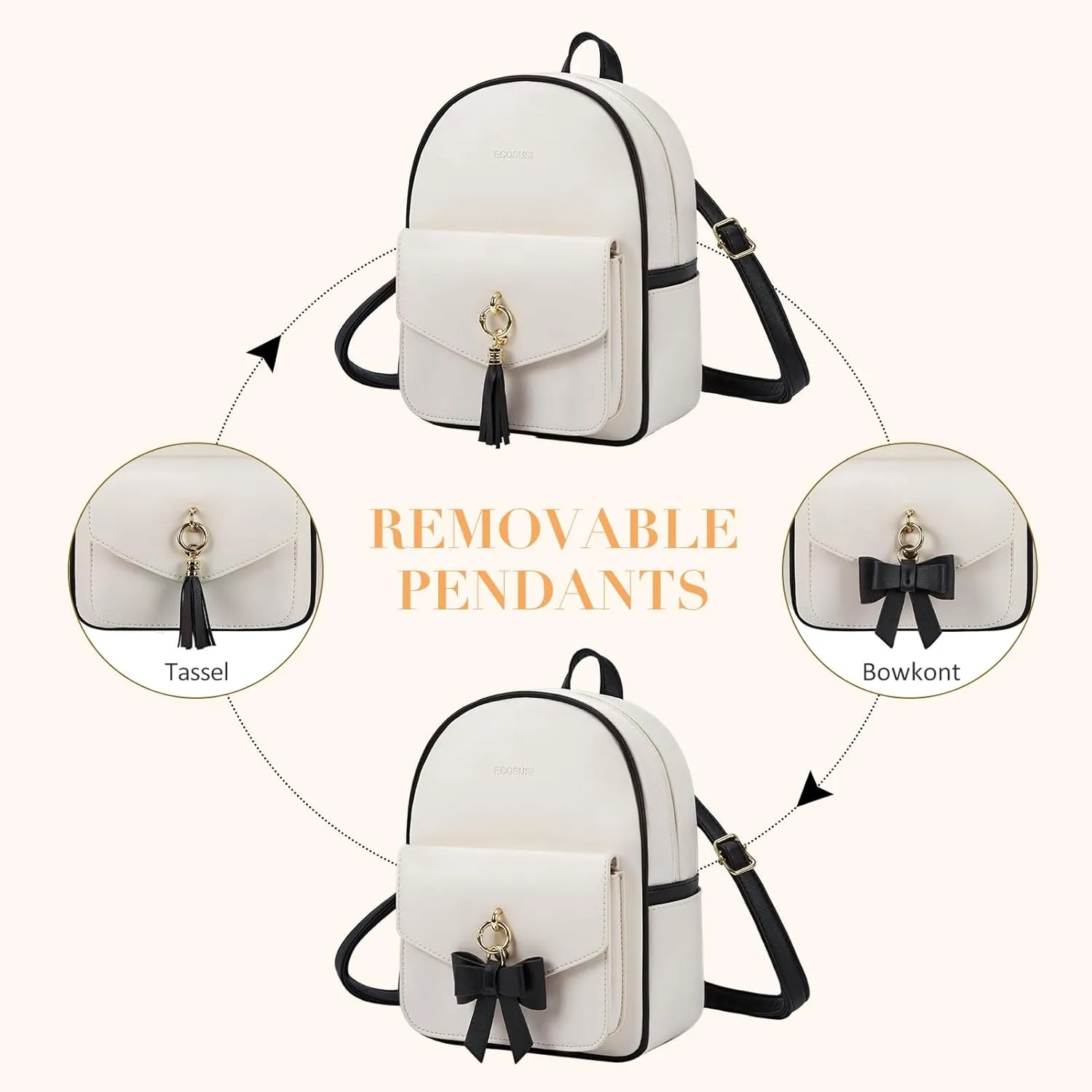 ECOSUSI Mini Backpack for Women Girls Cute Bowknot Small Backpack Purse Ladies Leather Bookbag Satchel Bag, with Charm Tassel