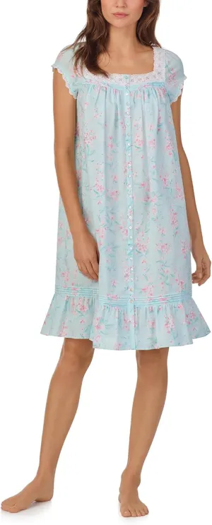 Eileen West Women's Cotton Woven Cap Sleeve Short Button Front Robe