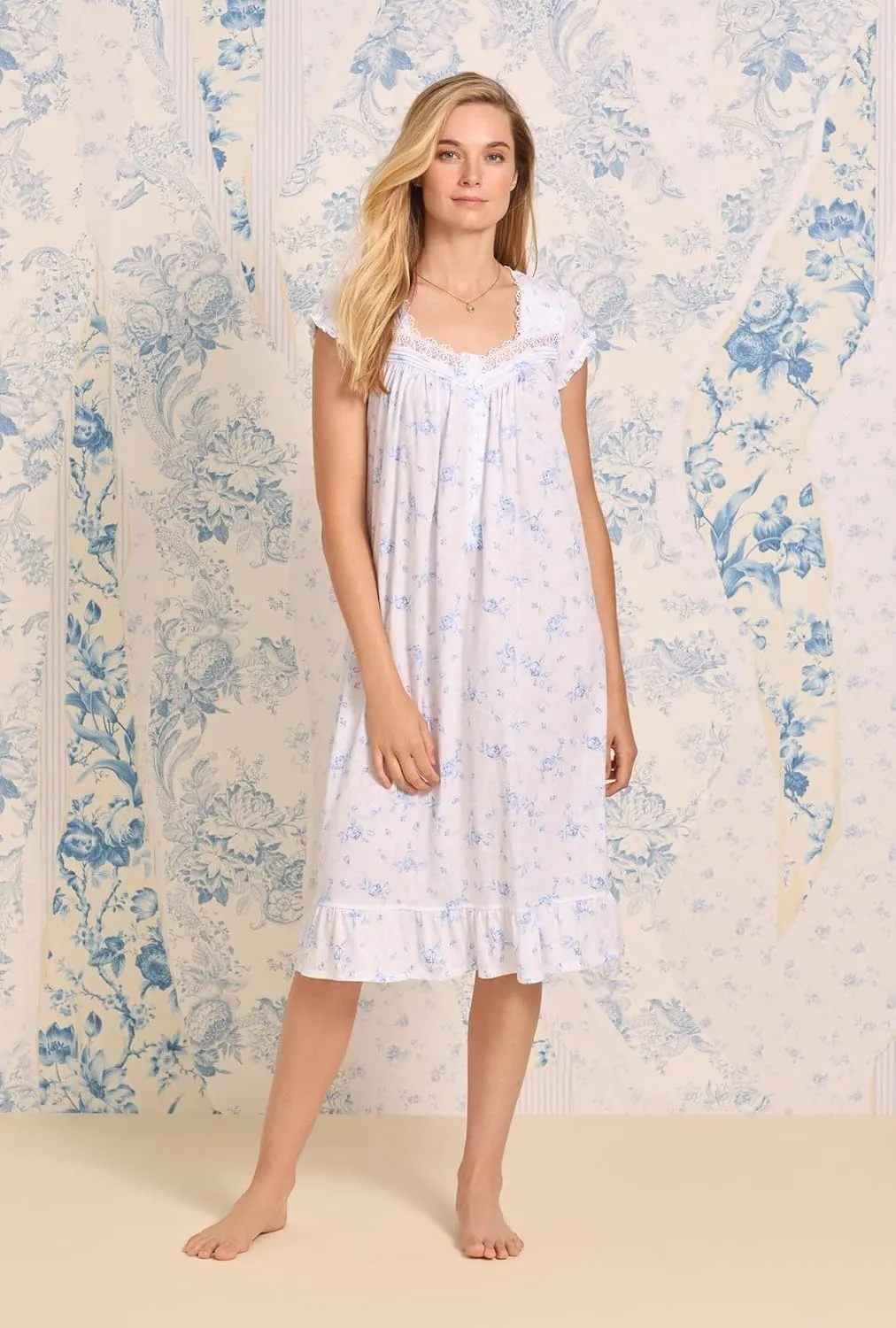 Eileen West Women's Plus Size Cap Sleeve Lace-Trim Waltz Nightgown