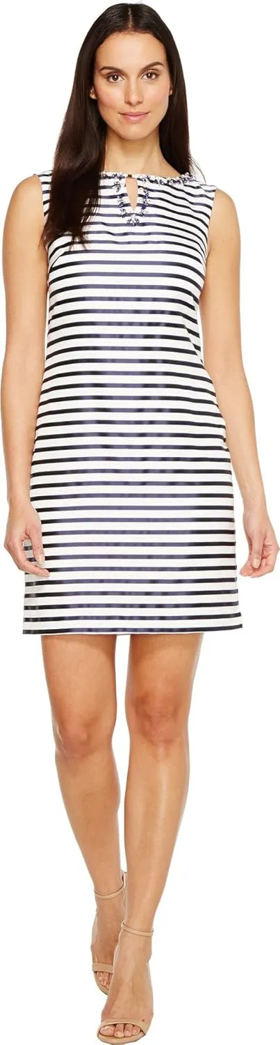 ELLEN TRACY Women's Striped Twill Dress with Embellished Neckline