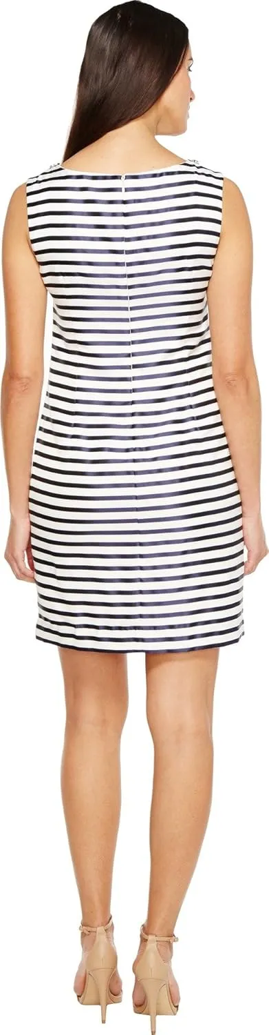 ELLEN TRACY Women's Striped Twill Dress with Embellished Neckline