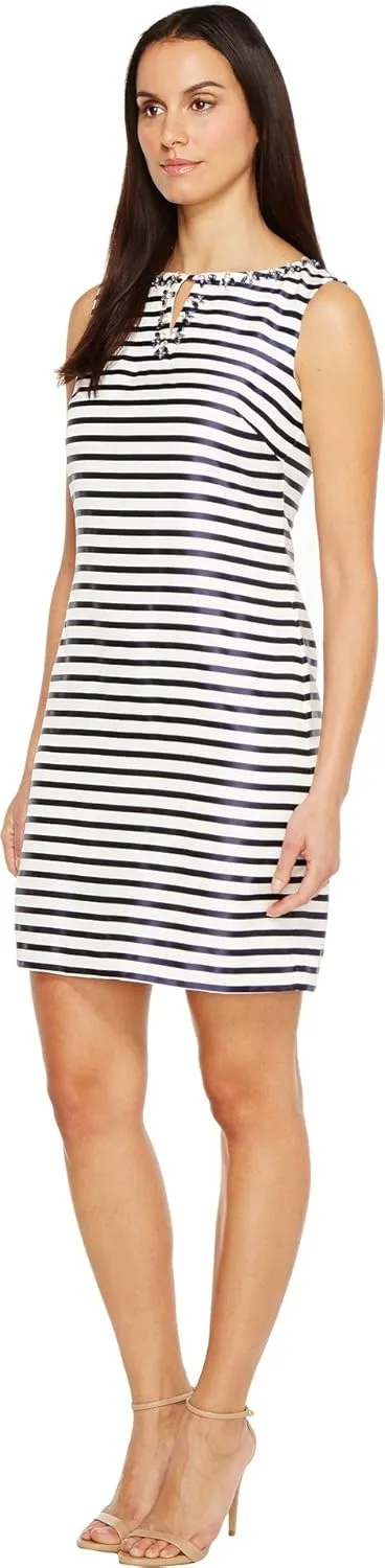 ELLEN TRACY Women's Striped Twill Dress with Embellished Neckline