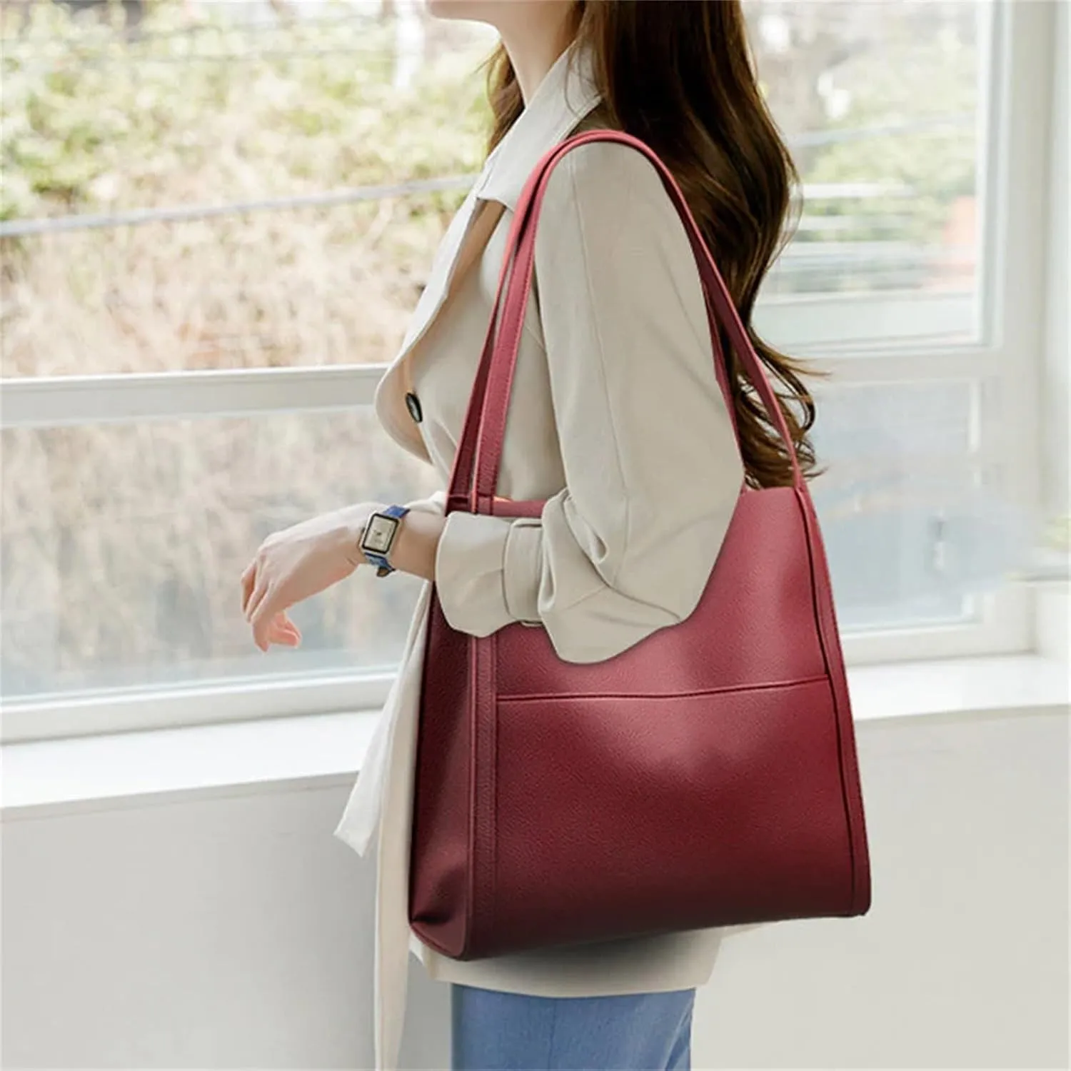 Elmyse Solid Color Simple Genuine Leather Shoulder Bag, Elmsye Crossbody Purse, Elmyse Waterproof Bag for Women