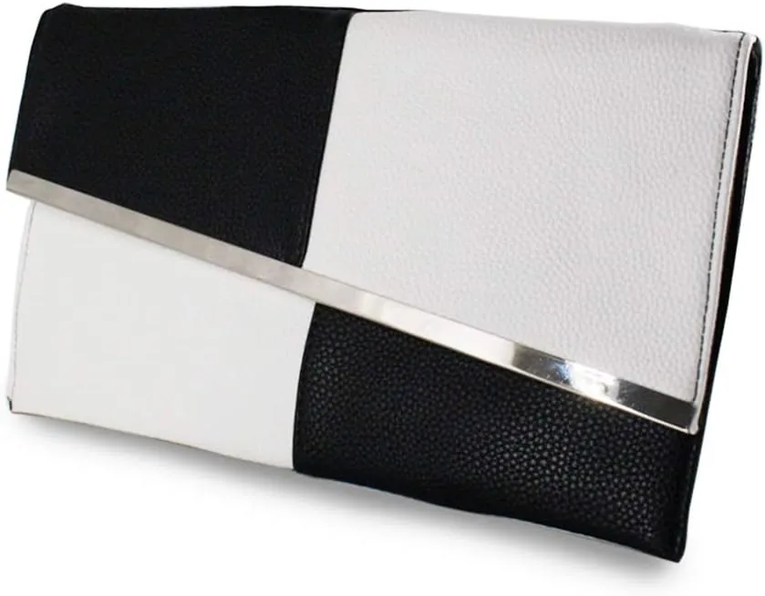 Envelope Clutch Bag Crossbody of Chain Strap for Women Wedding & Party Handbag or Shoulder bag by HQSlife, White & Black, Medium